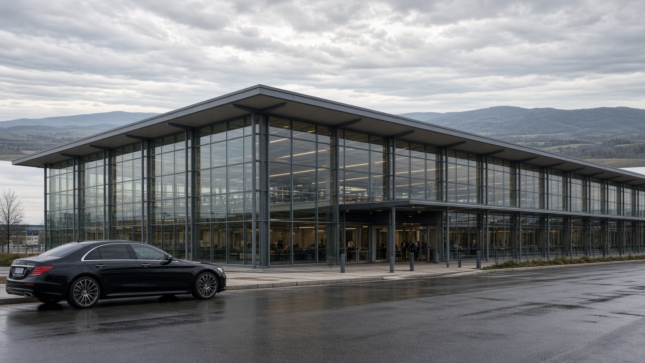 Grand terminal vitré, collines au loin